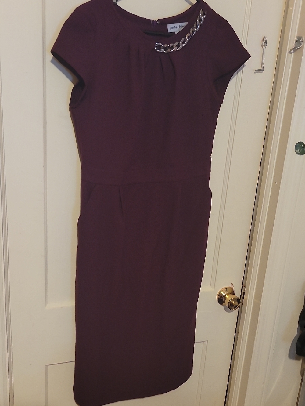 Shelby & Palmer Plum Midi Dress with Chain And Pockets Accents